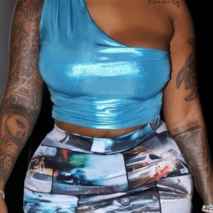 Blue Gradient Car Print Two Piece Skirt Set