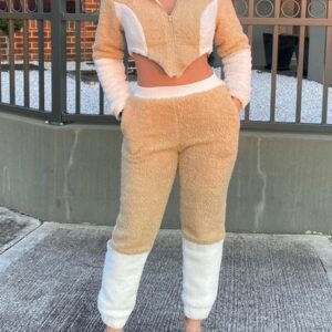 Khaki Teddy Crop Top Hoody Set