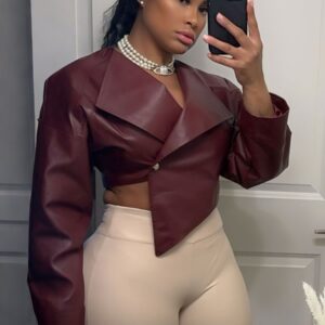 Wine Red Asymmetrical Faux Leather Jacket