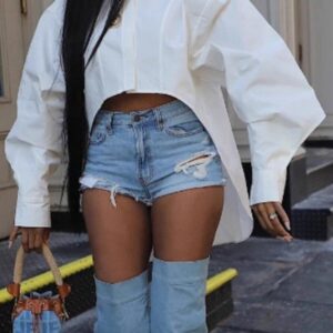 White Stylish Lantern Sleeve Shirt