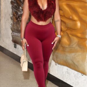 Deep Red V Neck Plush Sleeveless Two-Piece Set